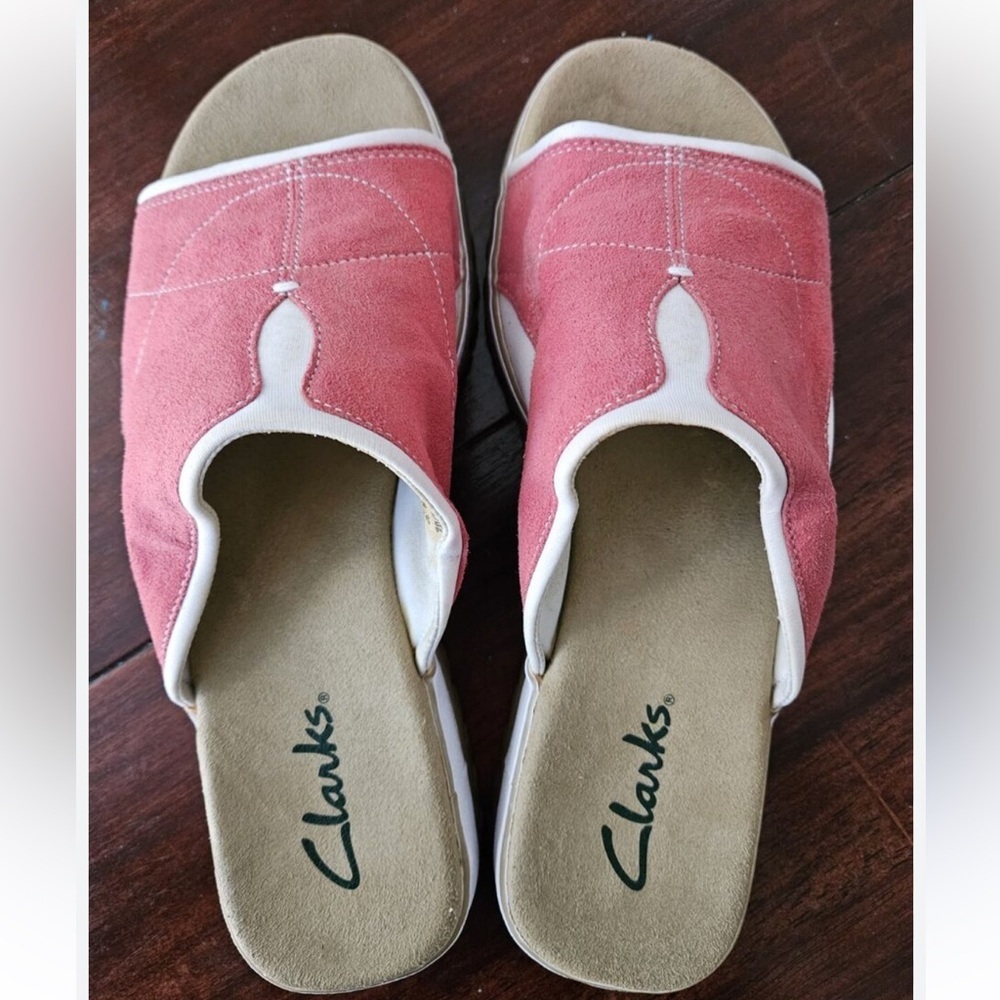 Clarks Women's Canvas Slip On Sandals Pink White Comfort Glide size 8